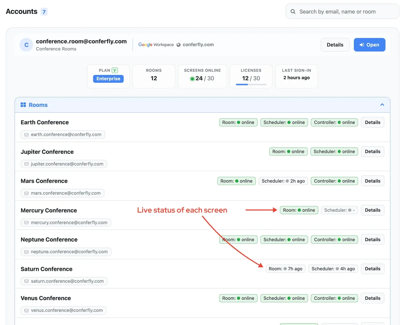Accounts tab with live screen status