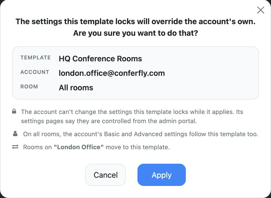 Confirming a template on all rooms of an account