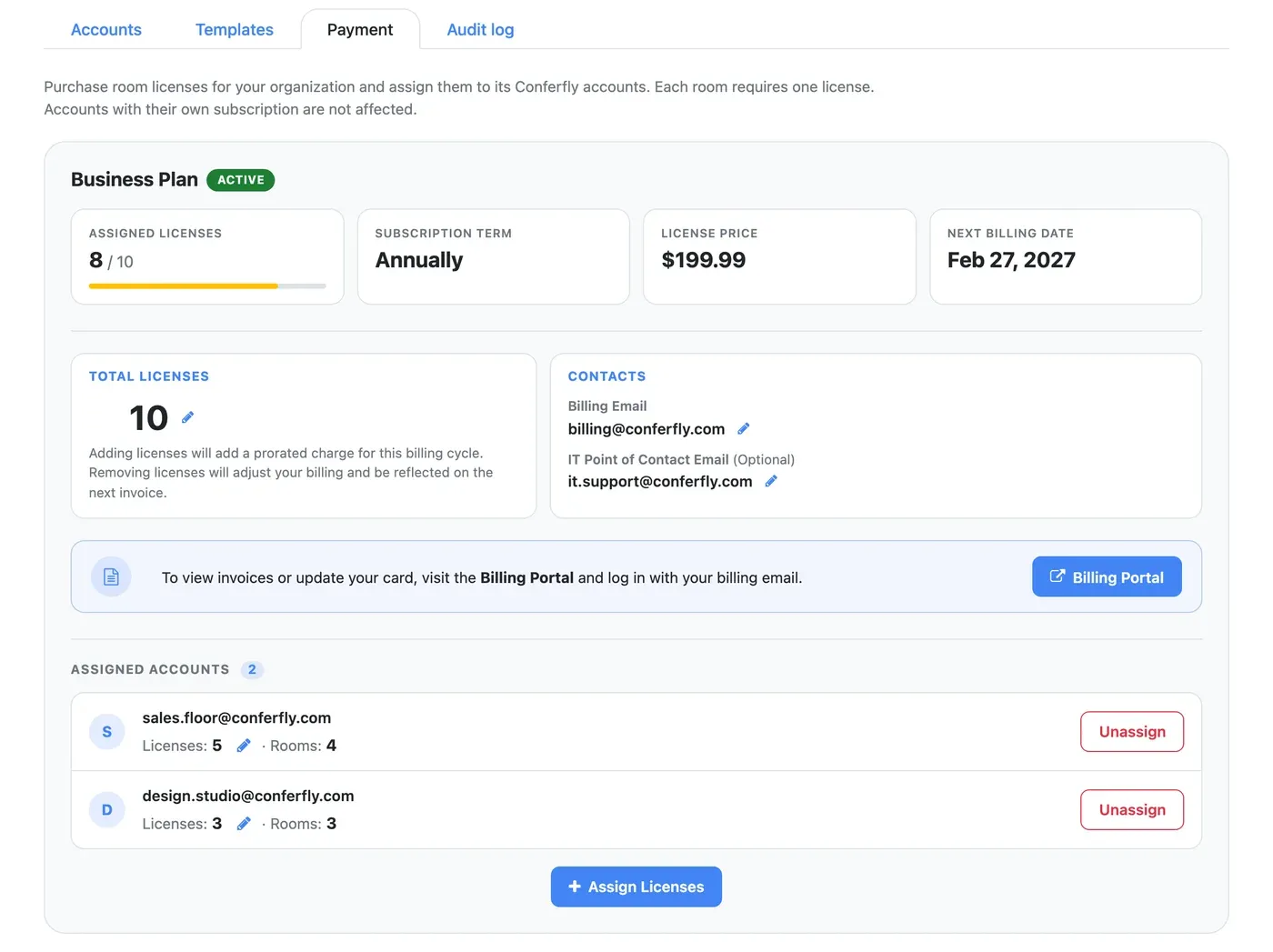 The organization's Business subscription in the Payment tab