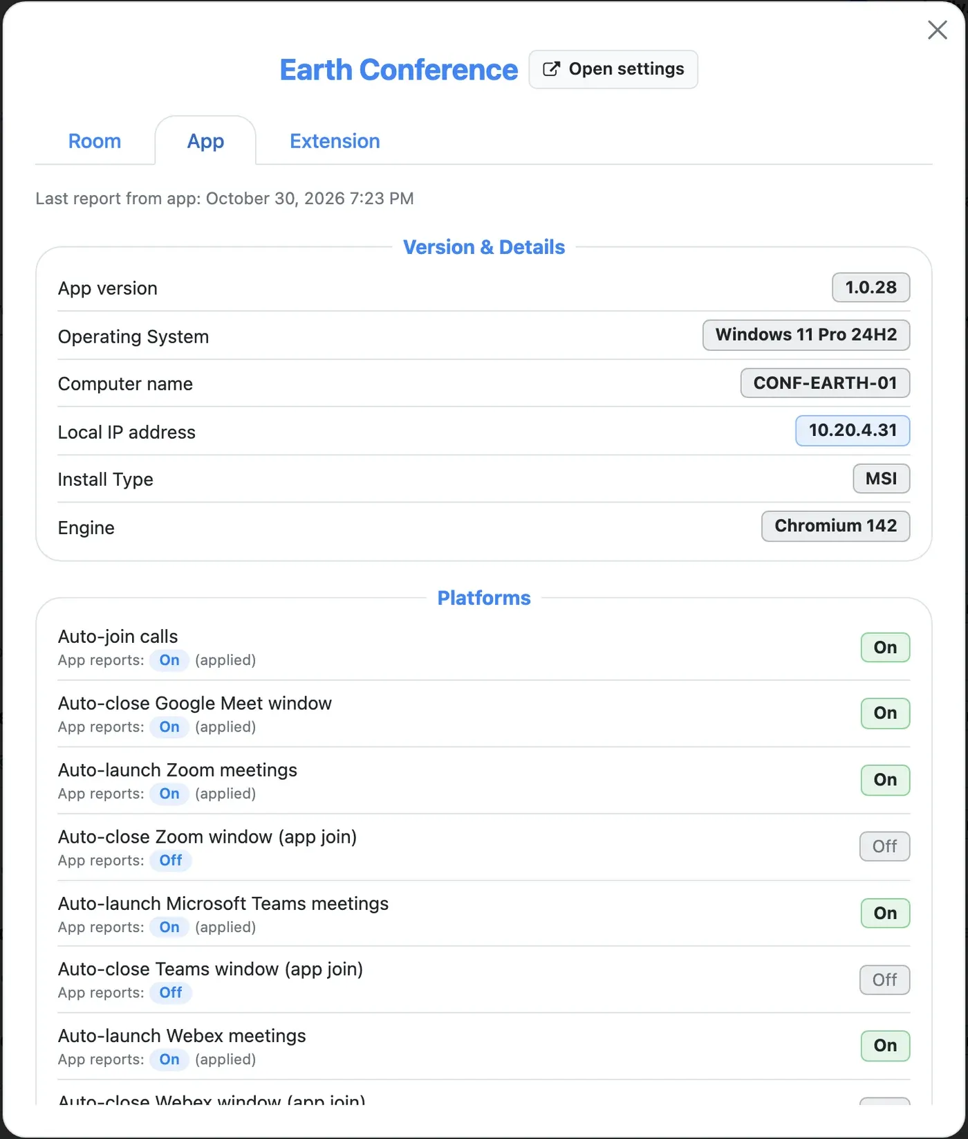 Room details, App tab
