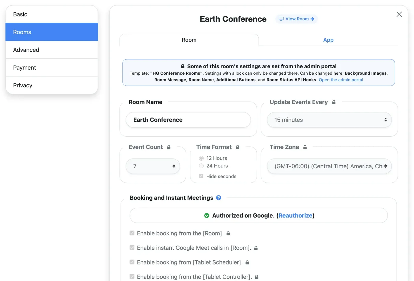 A room's settings page controlled by a template