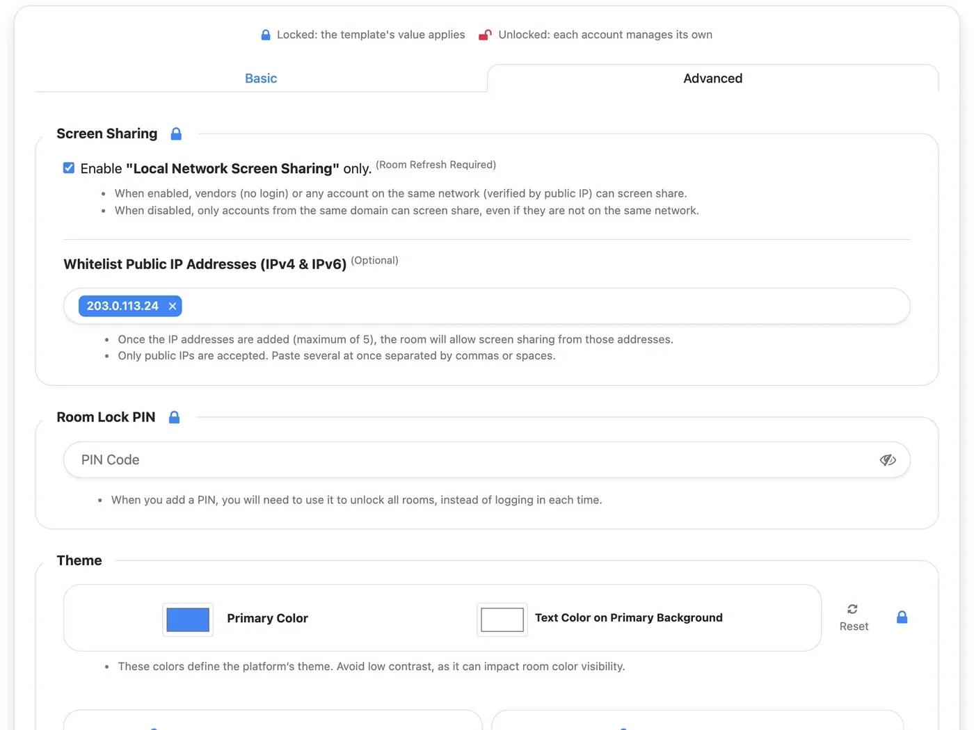 Template Account section, Advanced settings