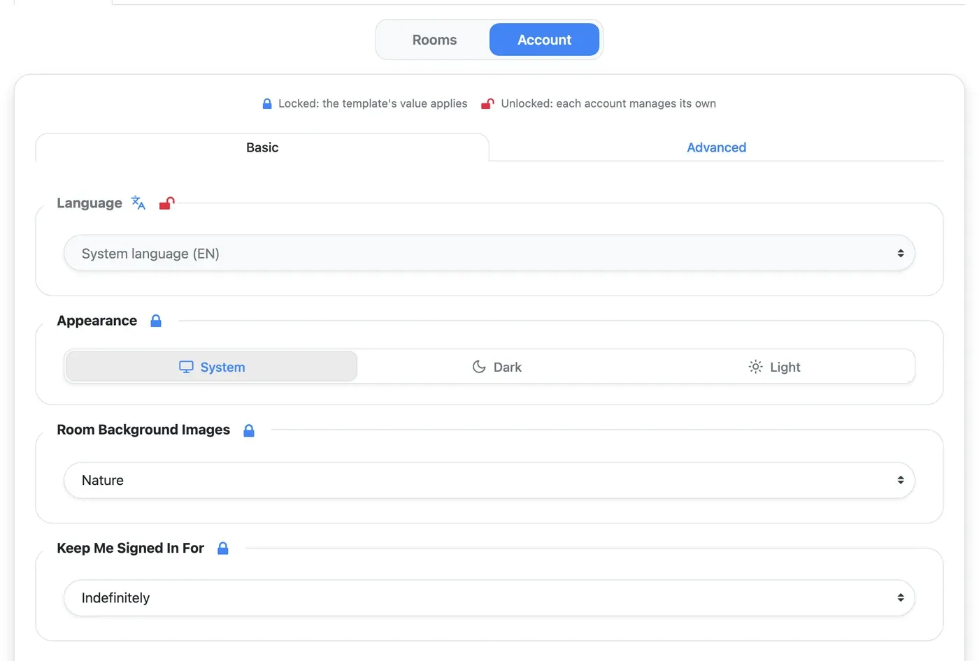 Template Account section, Basic settings