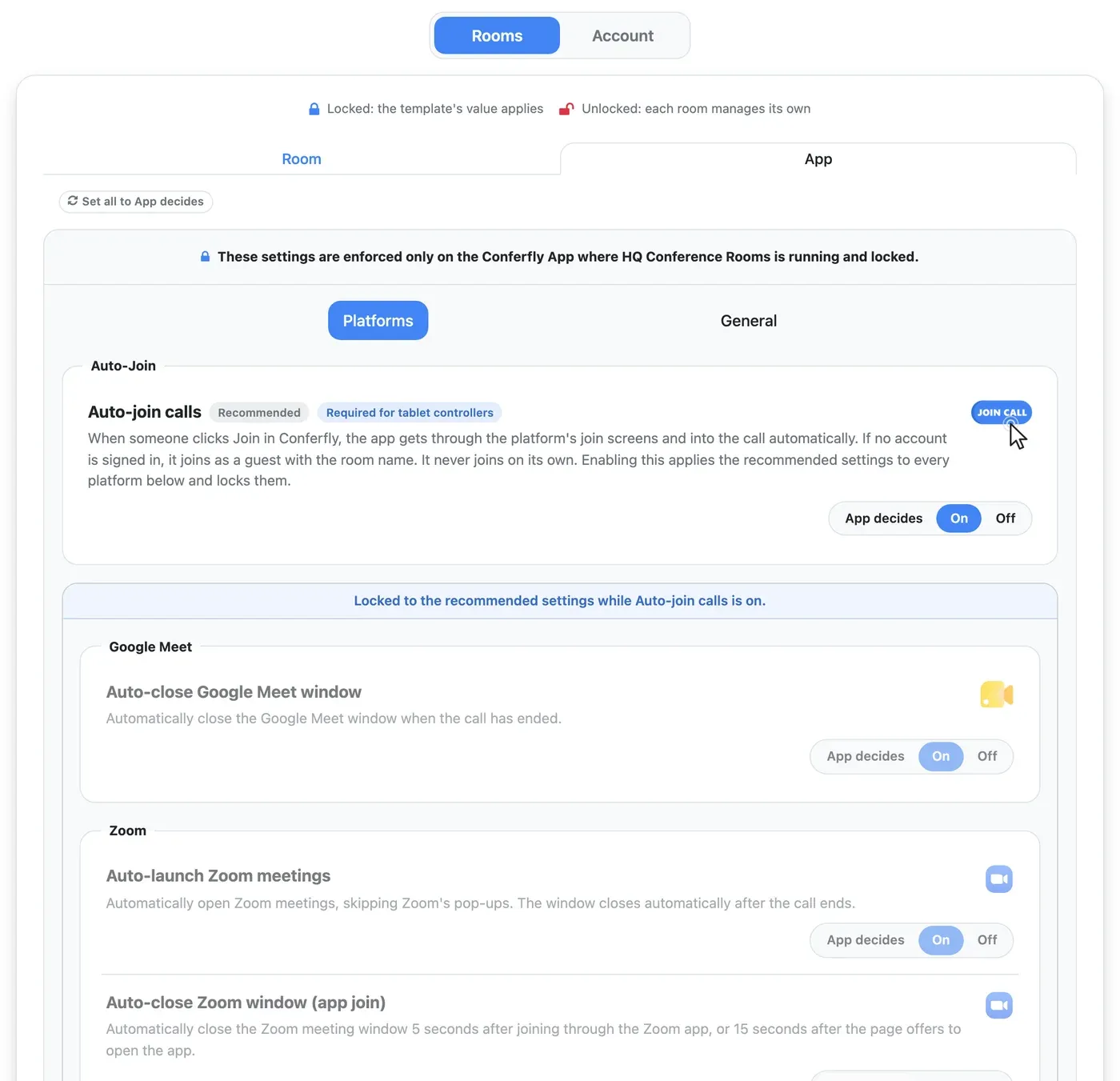 Enforcing Conferfly app options from a template