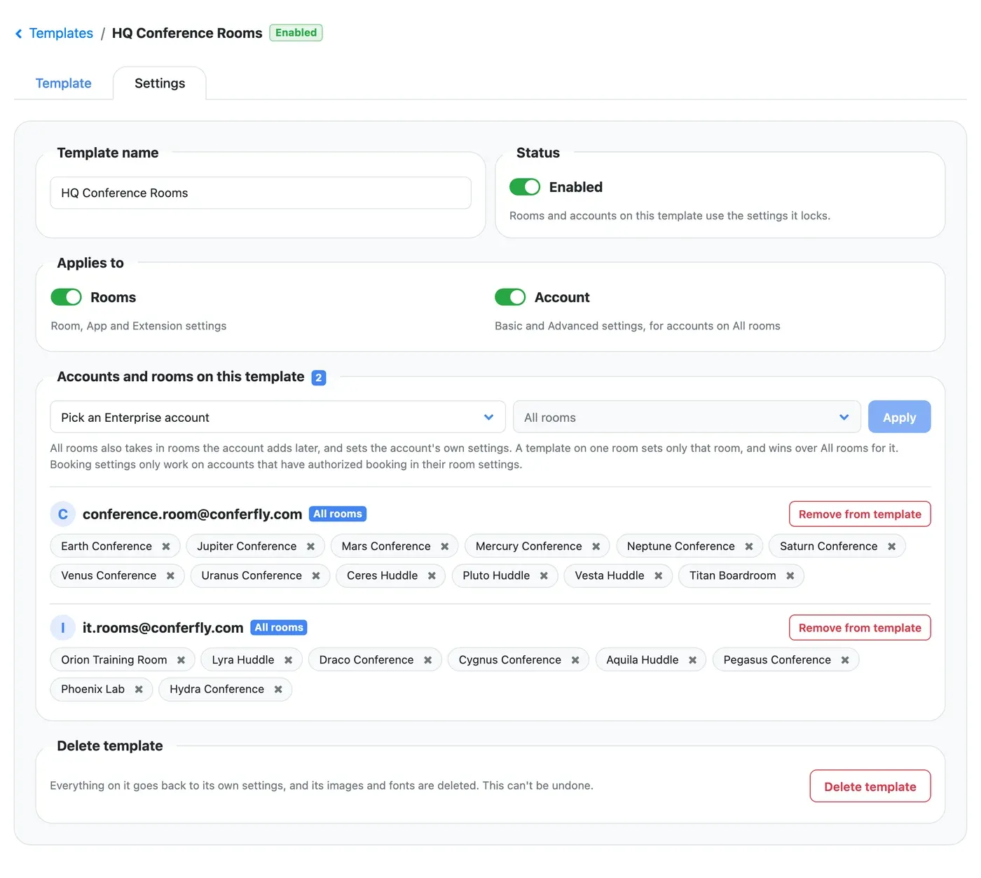 Template Settings tab with its accounts and rooms