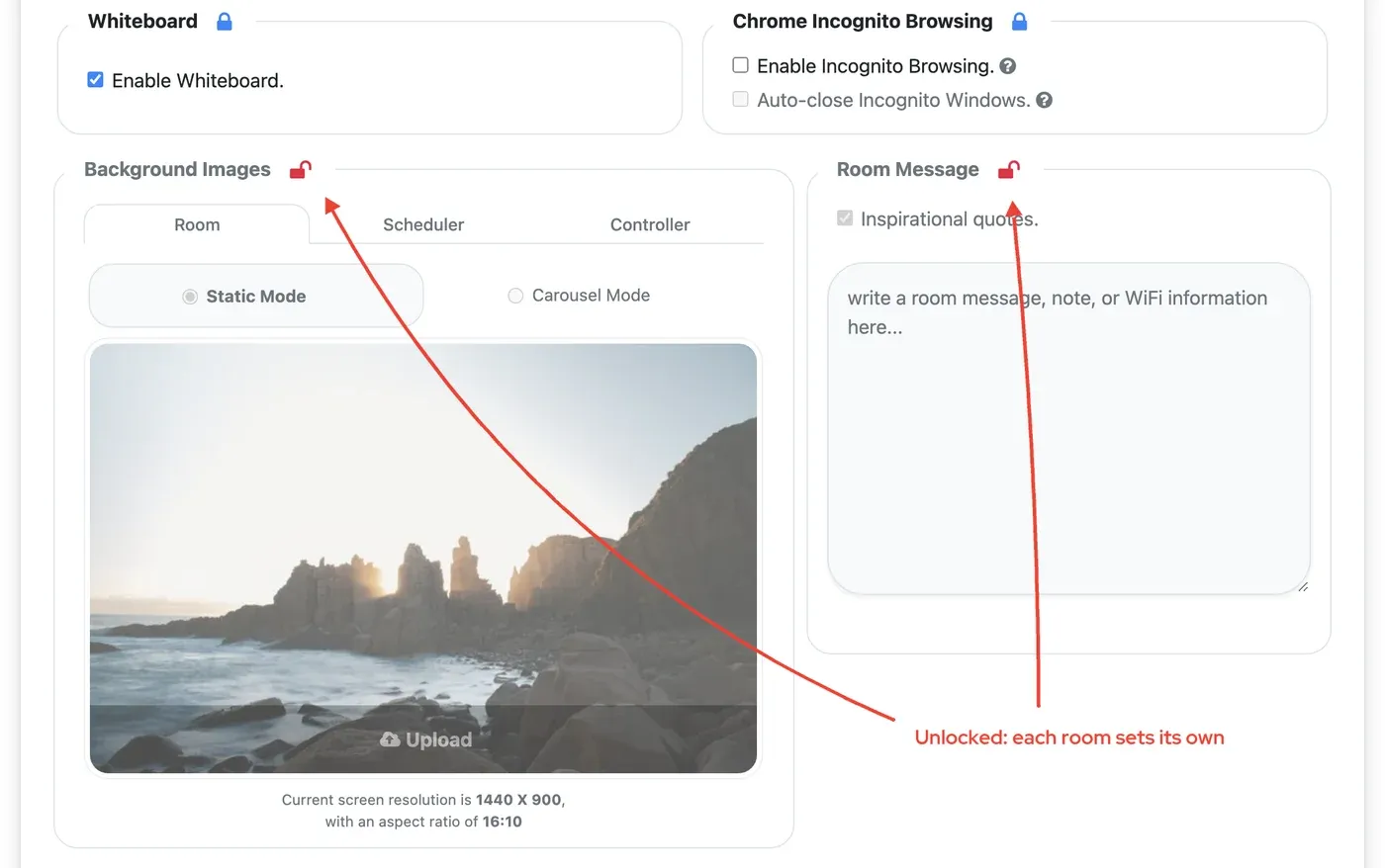 Background Images and Room Message unlocked in a template