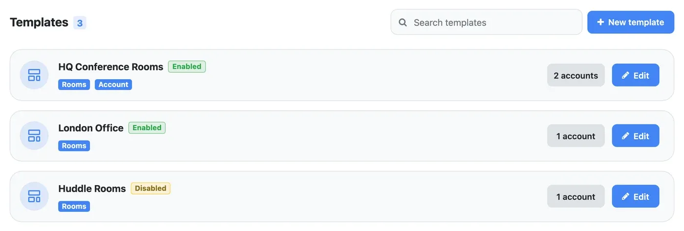 The templates list