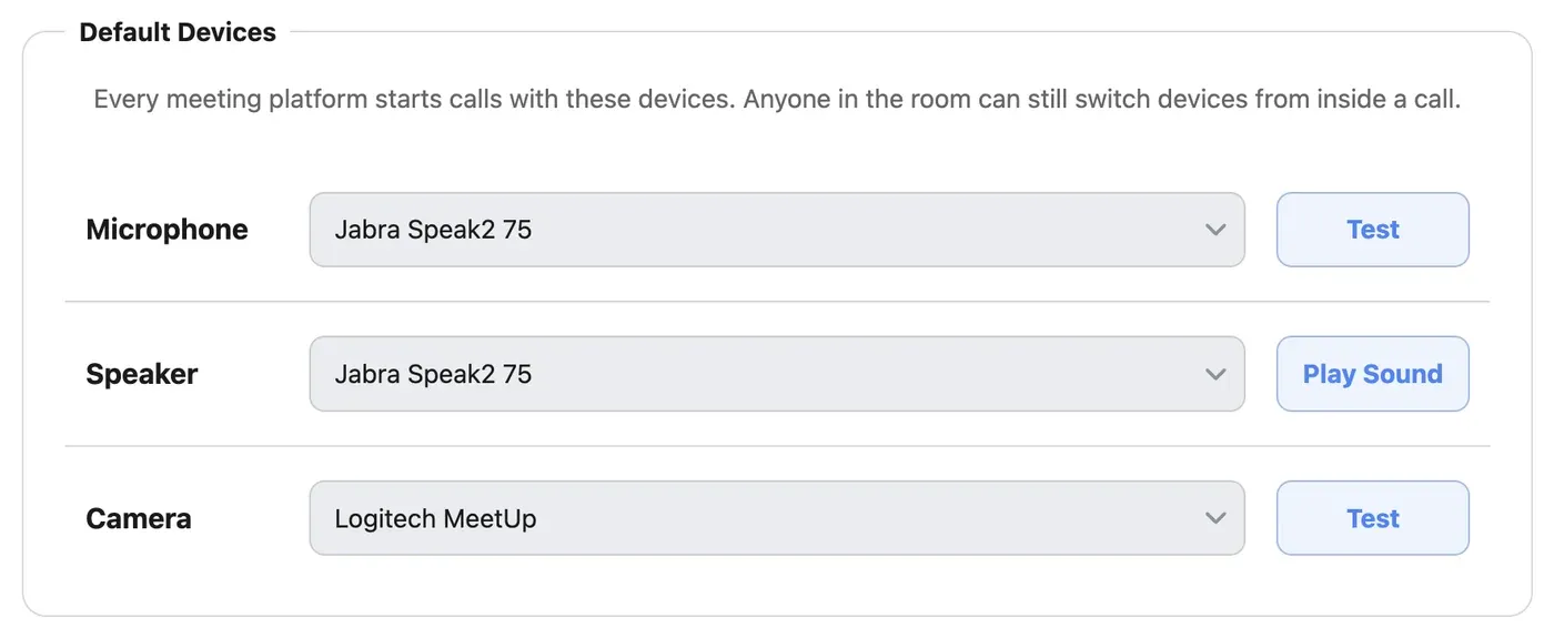 Default microphone, speaker and camera