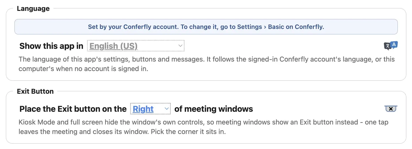 Language and Exit Button settings