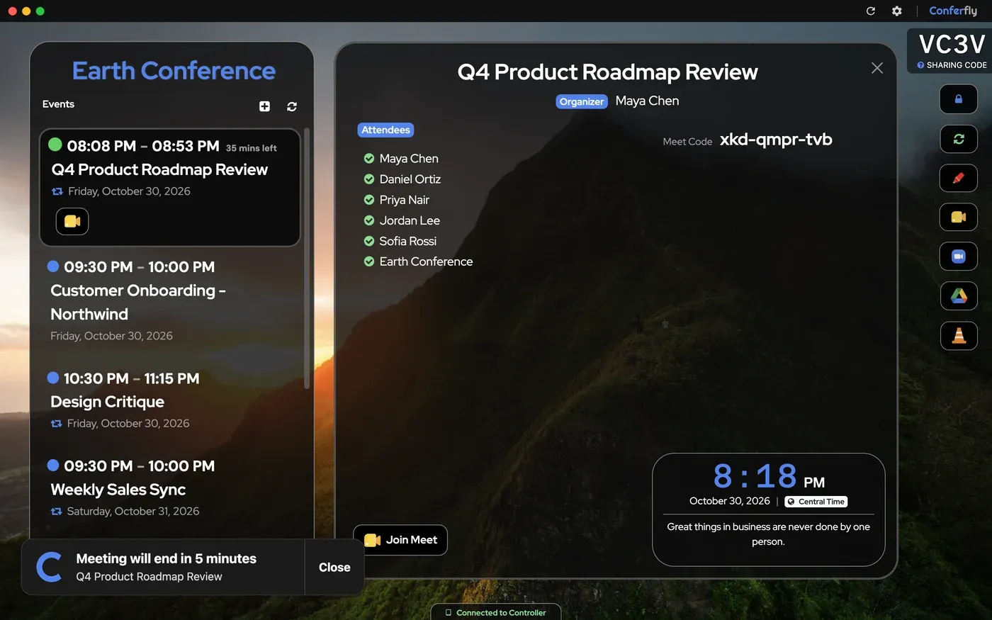 A meeting notification in the Conferfly Desktop App