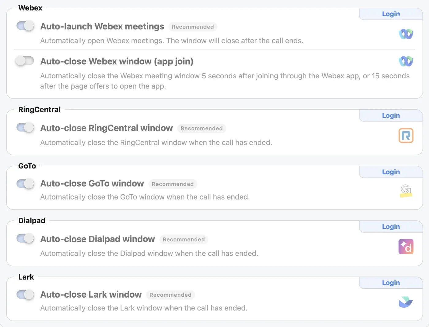 Webex, RingCentral, GoTo, Dialpad and Lark settings