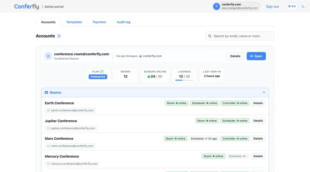 The Conferfly Admin Portal Accounts tab